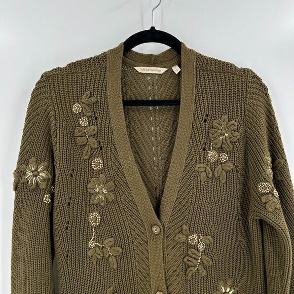 SOFT SURROUNDINGS Green Knit Embroidered Beaded Long Cardigan Sweater Medium - Picture 4 of 9